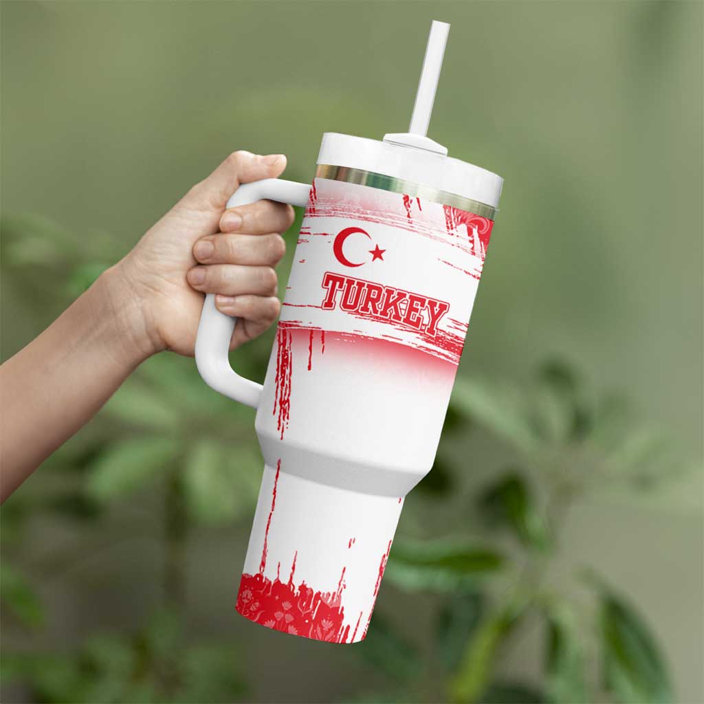 Turkey National Flag and Pattern Design Tumbler With Handle with Red Brush Stroke Effect