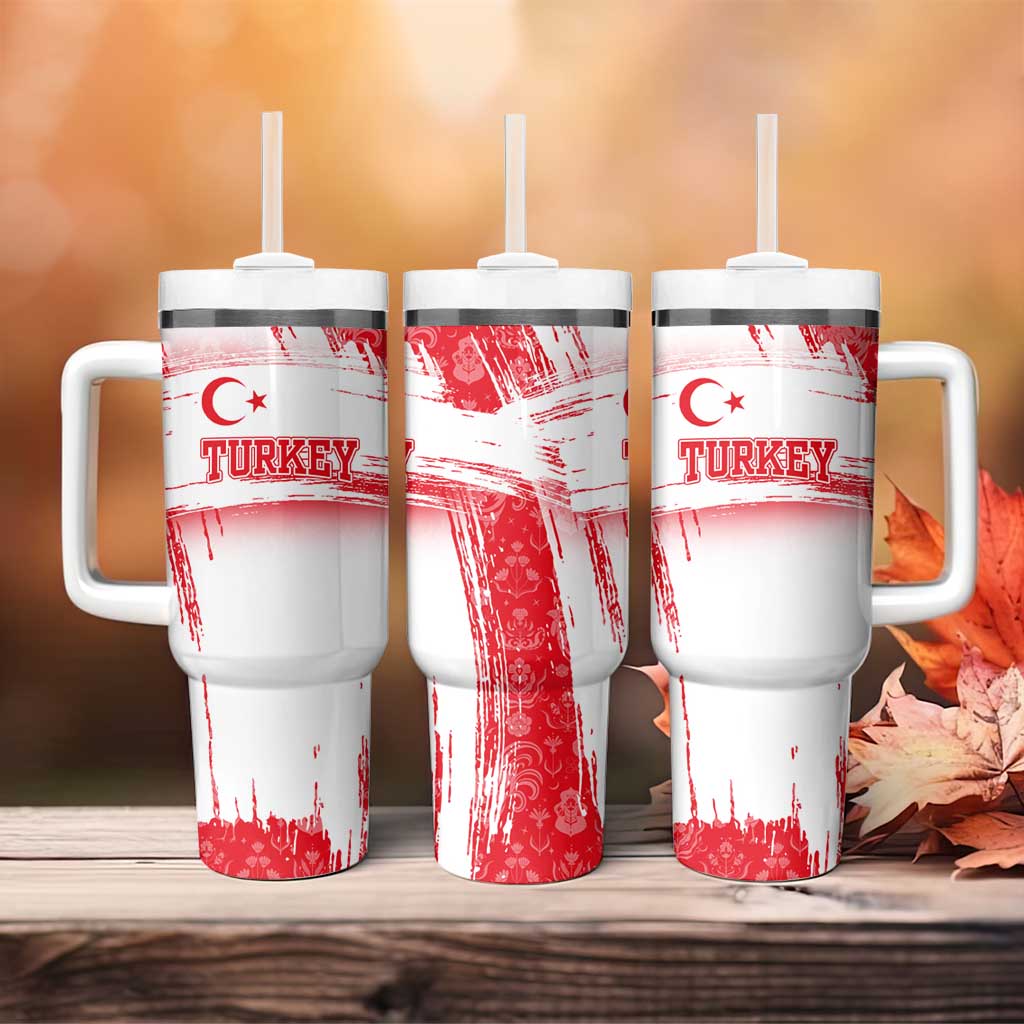 Turkey National Flag and Pattern Design Tumbler With Handle with Red Brush Stroke Effect