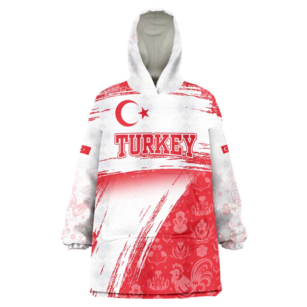 Turkey National Flag and Pattern Design Wearable Blanket Hoodie with Red Brush Stroke Effect