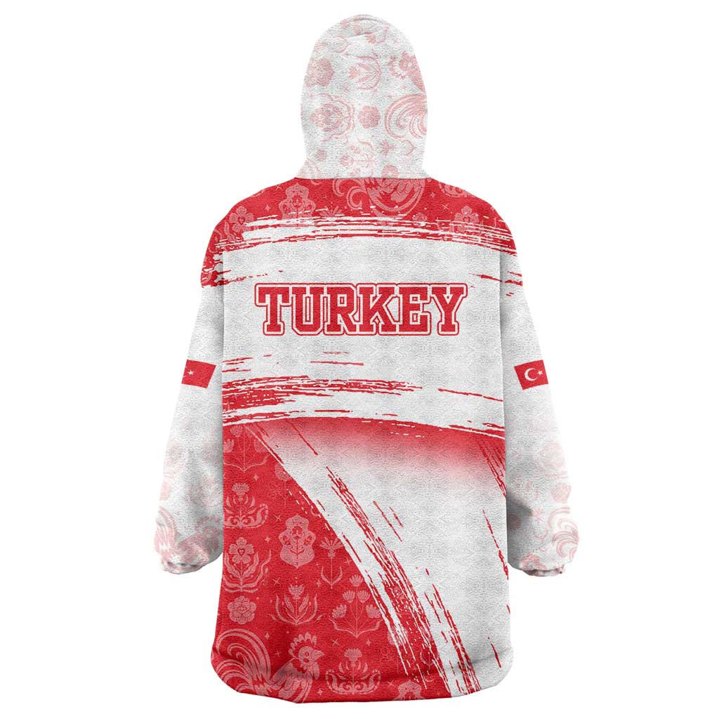 Turkey National Flag and Pattern Design Wearable Blanket Hoodie with Red Brush Stroke Effect