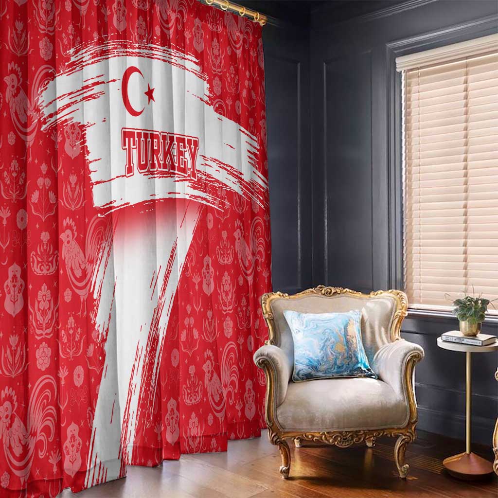 Turkey National Flag and Pattern Design Window Curtain with Red Brush Stroke Effect