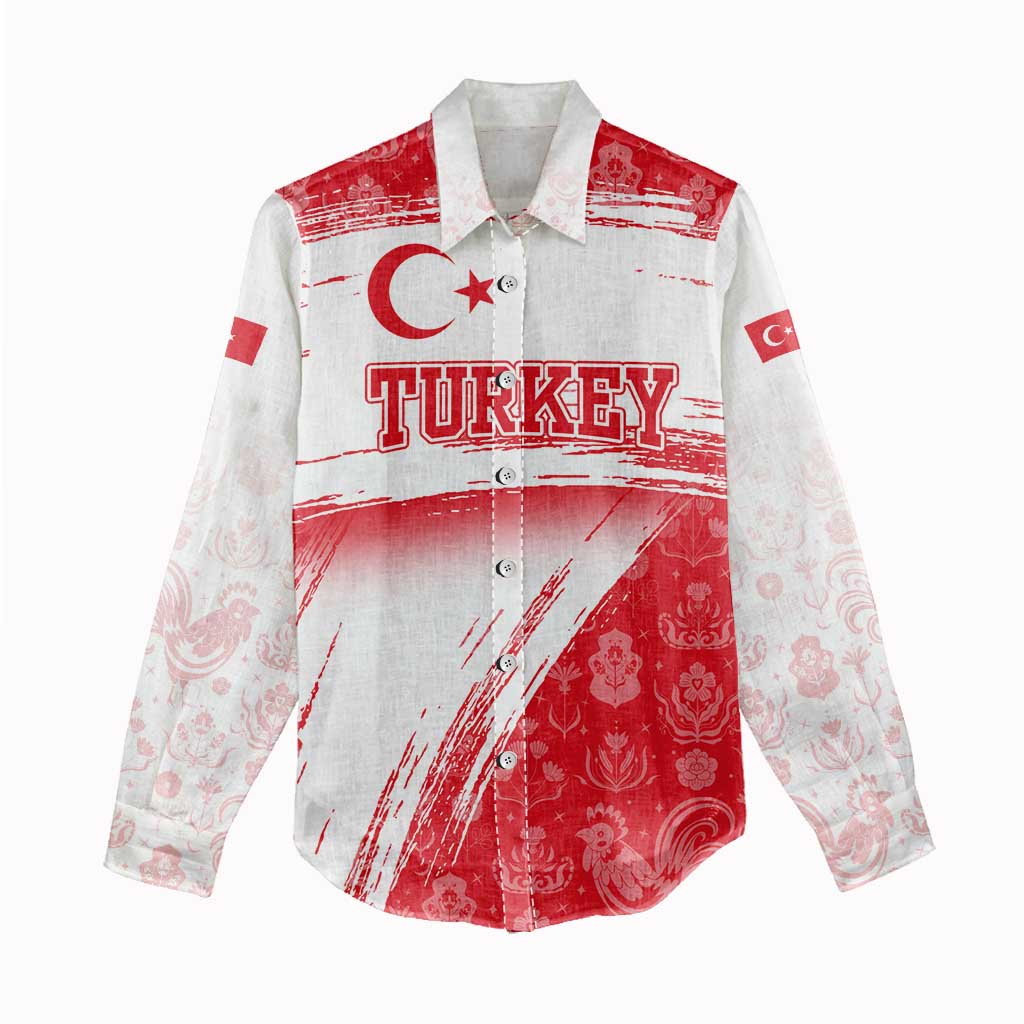 Turkey National Flag and Pattern Design Women Casual Shirt with Red Brush Stroke Effect