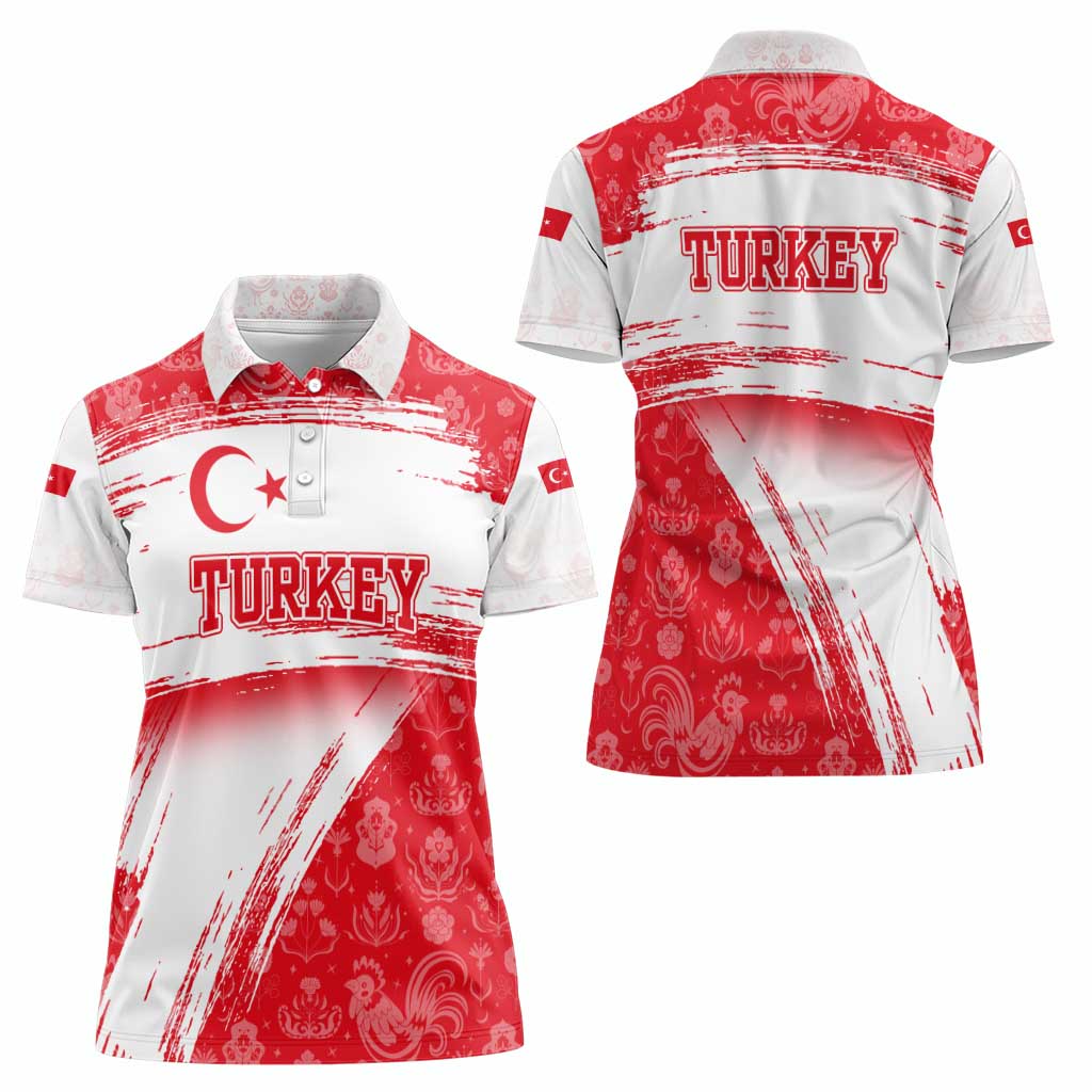 Turkey National Flag and Pattern Design Women Polo Shirt with Red Brush Stroke Effect