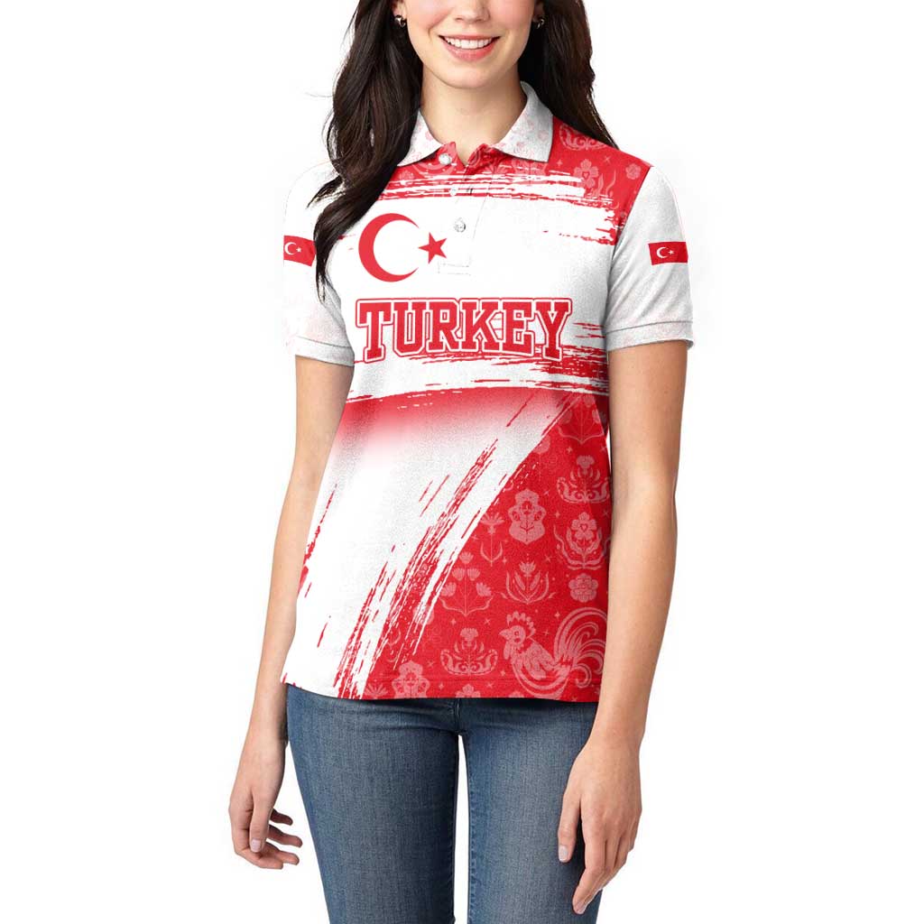 Turkey National Flag and Pattern Design Women Polo Shirt with Red Brush Stroke Effect