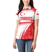 Turkey National Flag and Pattern Design Women Polo Shirt with Red Brush Stroke Effect