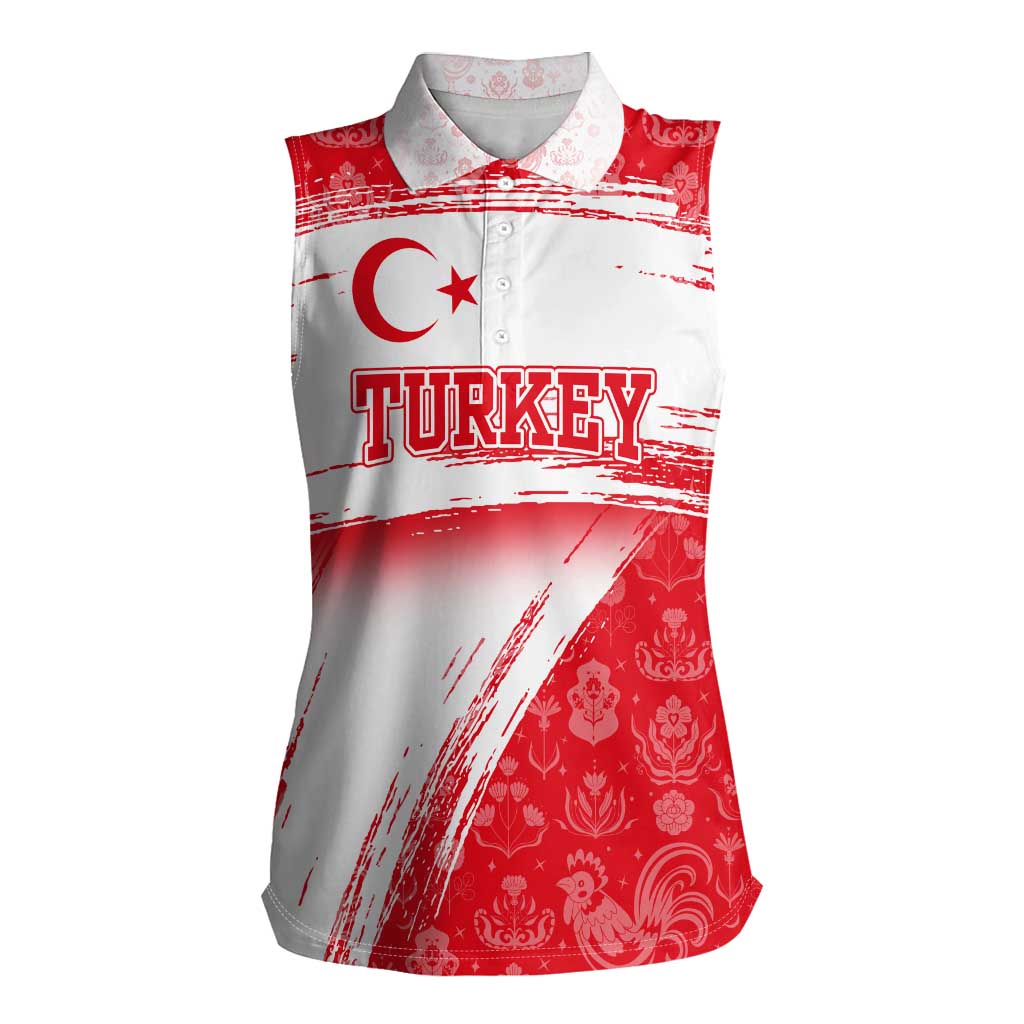 Turkey National Flag and Pattern Design Women Sleeveless Polo Shirt with Red Brush Stroke Effect