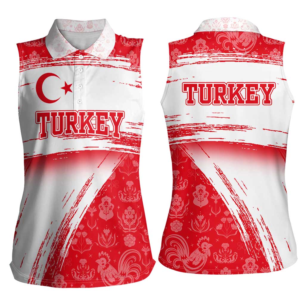 Turkey National Flag and Pattern Design Women Sleeveless Polo Shirt with Red Brush Stroke Effect