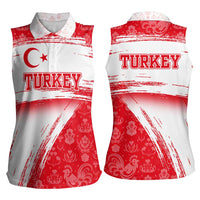 Turkey National Flag and Pattern Design Women Sleeveless Polo Shirt with Red Brush Stroke Effect