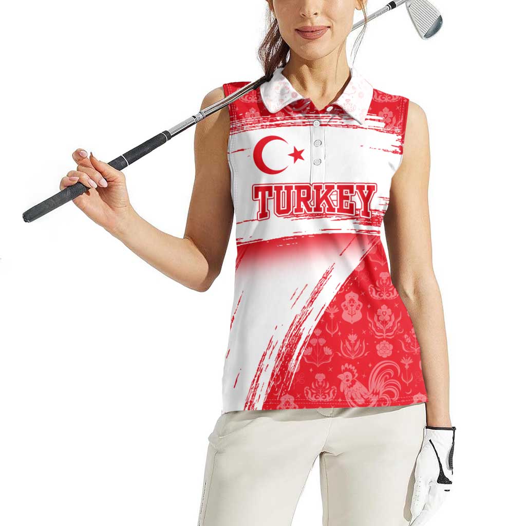 Turkey National Flag and Pattern Design Women Sleeveless Polo Shirt with Red Brush Stroke Effect