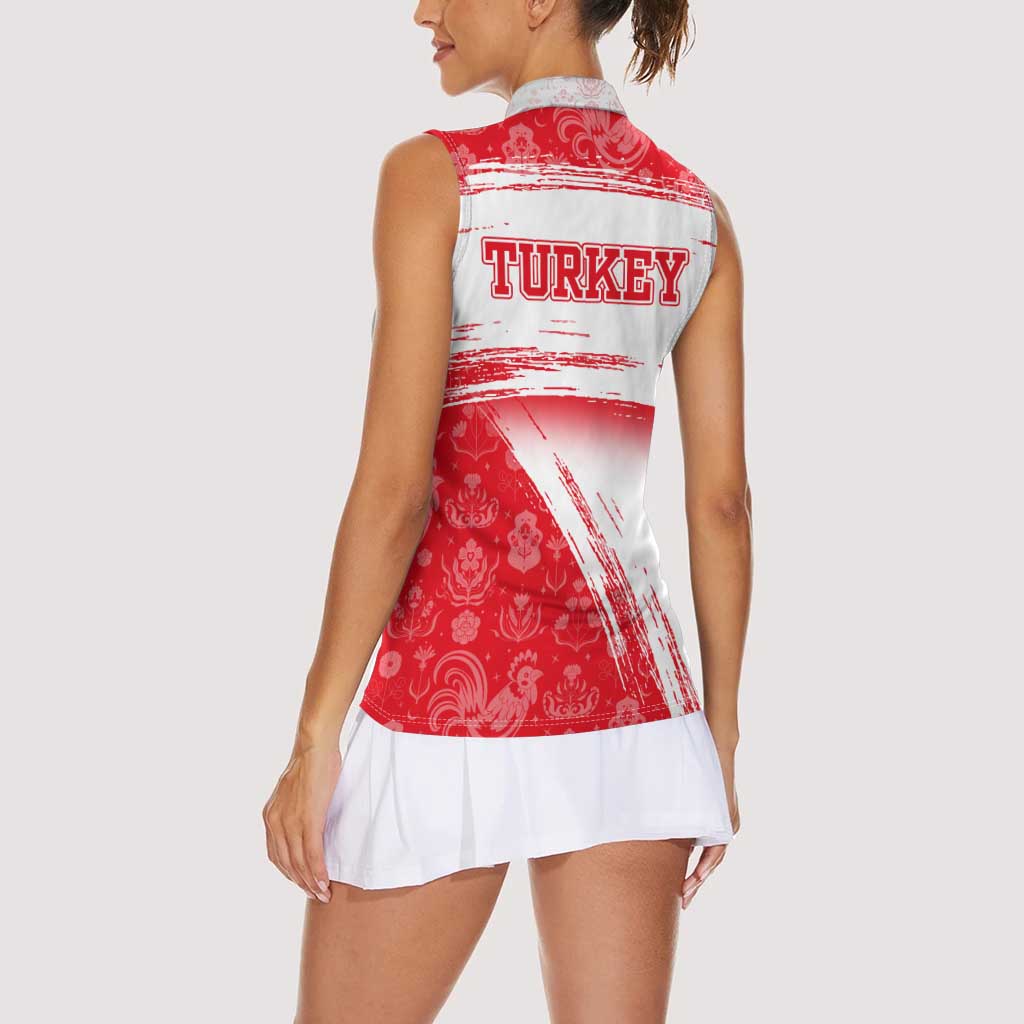 Turkey National Flag and Pattern Design Women Sleeveless Polo Shirt with Red Brush Stroke Effect