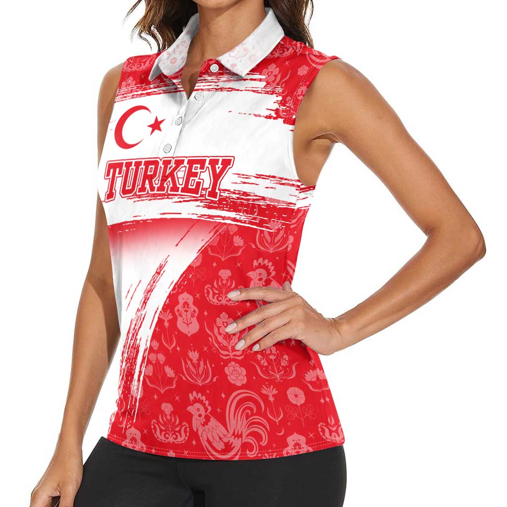 Turkey National Flag and Pattern Design Women Sleeveless Polo Shirt with Red Brush Stroke Effect