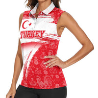Turkey National Flag and Pattern Design Women Sleeveless Polo Shirt with Red Brush Stroke Effect