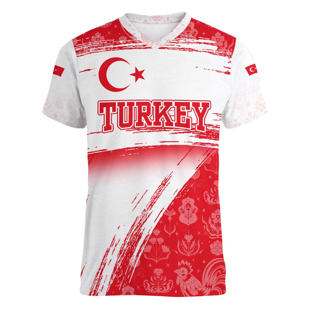 Turkey National Flag and Pattern Design Women V-Neck T-Shirt with Red Brush Stroke Effect