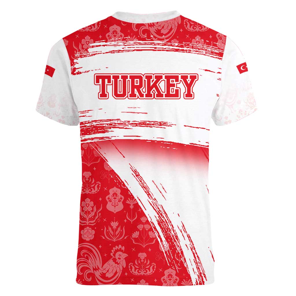 Turkey National Flag and Pattern Design Women V-Neck T-Shirt with Red Brush Stroke Effect
