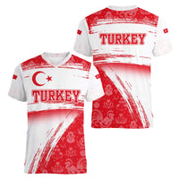 Turkey National Flag and Pattern Design Women V-Neck T-Shirt with Red Brush Stroke Effect