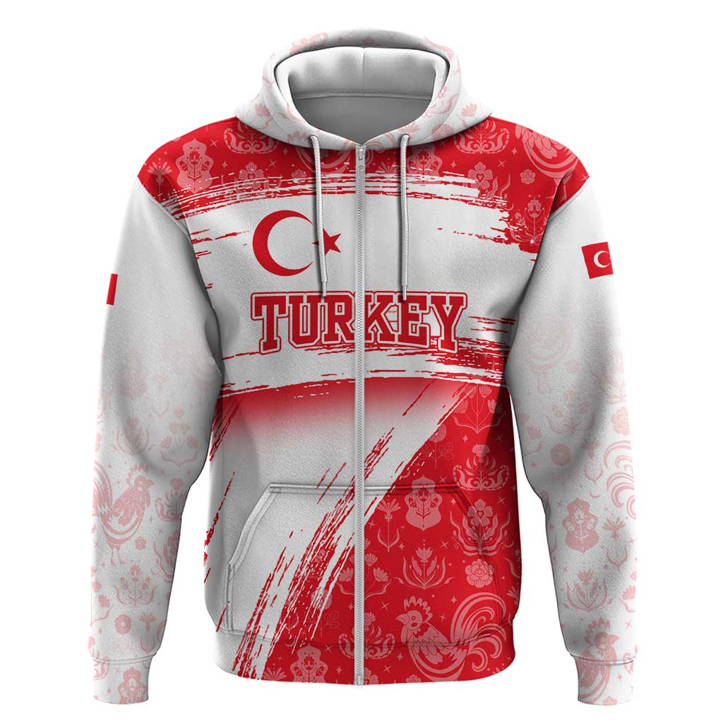 Turkey National Flag and Pattern Design Zip Hoodie with Red Brush Stroke Effect