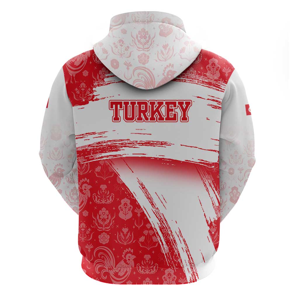 Turkey National Flag and Pattern Design Zip Hoodie with Red Brush Stroke Effect