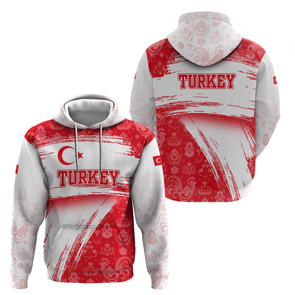 Turkey National Flag and Pattern Design Zip Hoodie with Red Brush Stroke Effect