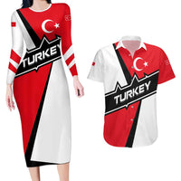 Turkey Flag and Modern Graphic Design Couples Matching Long Sleeve Bodycon Dress and Hawaiian Shirt with Bold Red and Black Elements