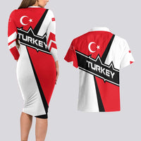 Turkey Flag and Modern Graphic Design Couples Matching Long Sleeve Bodycon Dress and Hawaiian Shirt with Bold Red and Black Elements