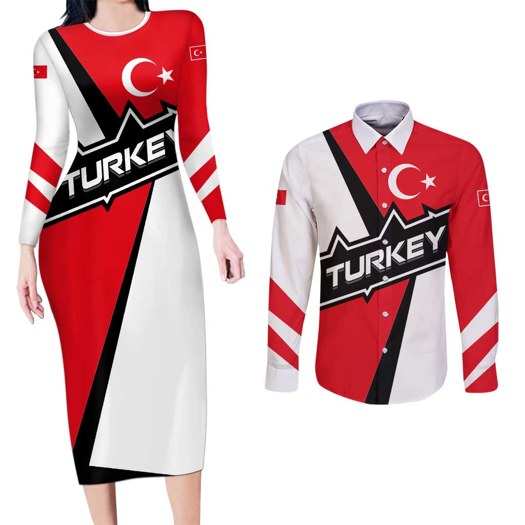Turkey Flag and Modern Graphic Design Couples Matching Long Sleeve Bodycon Dress and Long Sleeve Button Shirt with Bold Red and Black Elements
