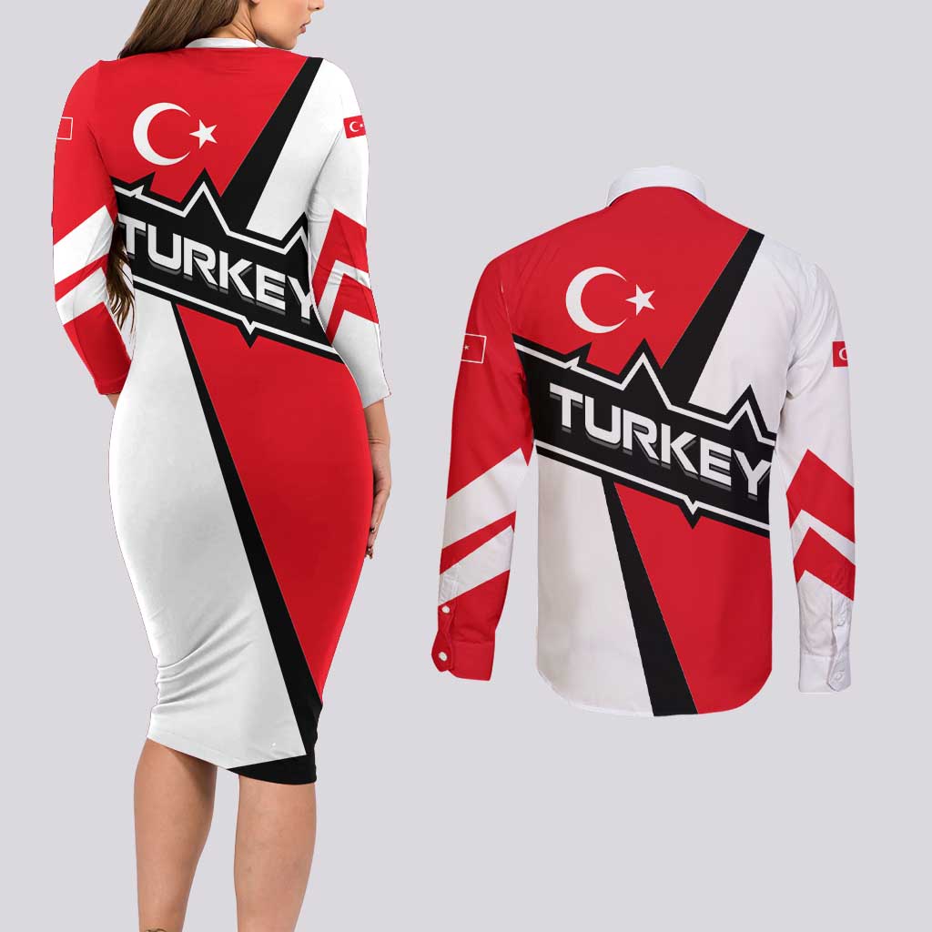 Turkey Flag and Modern Graphic Design Couples Matching Long Sleeve Bodycon Dress and Long Sleeve Button Shirt with Bold Red and Black Elements