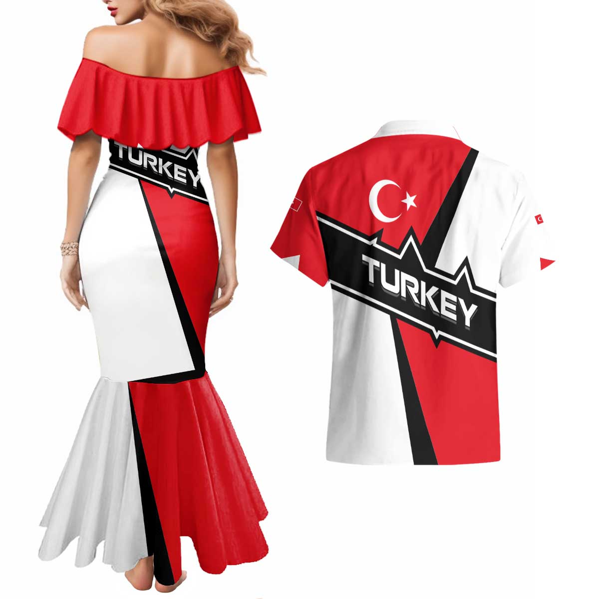 Turkey Flag and Modern Graphic Design Couples Matching Mermaid Dress and Hawaiian Shirt with Bold Red and Black Elements