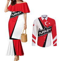 Turkey Flag and Modern Graphic Design Couples Matching Mermaid Dress and Long Sleeve Button Shirt with Bold Red and Black Elements