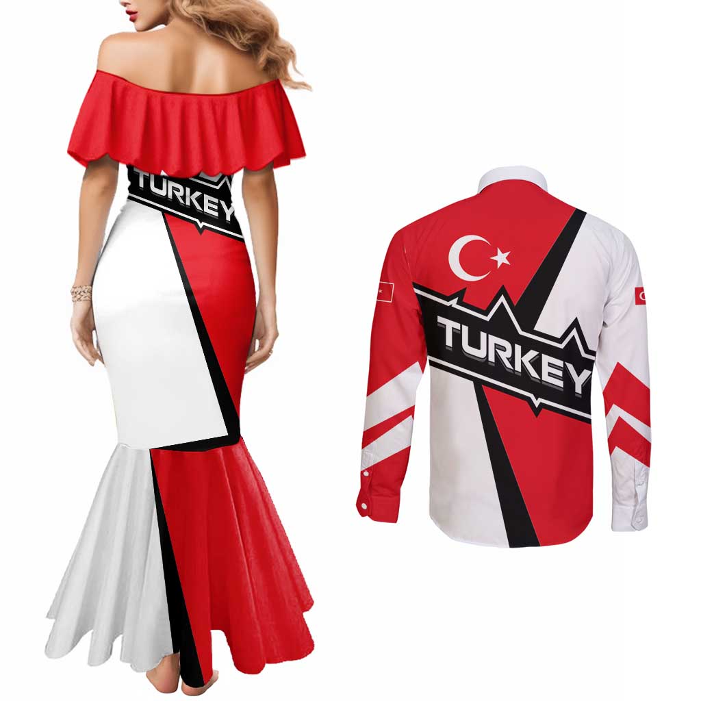 Turkey Flag and Modern Graphic Design Couples Matching Mermaid Dress and Long Sleeve Button Shirt with Bold Red and Black Elements