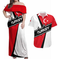Turkey Flag and Modern Graphic Design Couples Matching Off Shoulder Maxi Dress and Hawaiian Shirt with Bold Red and Black Elements