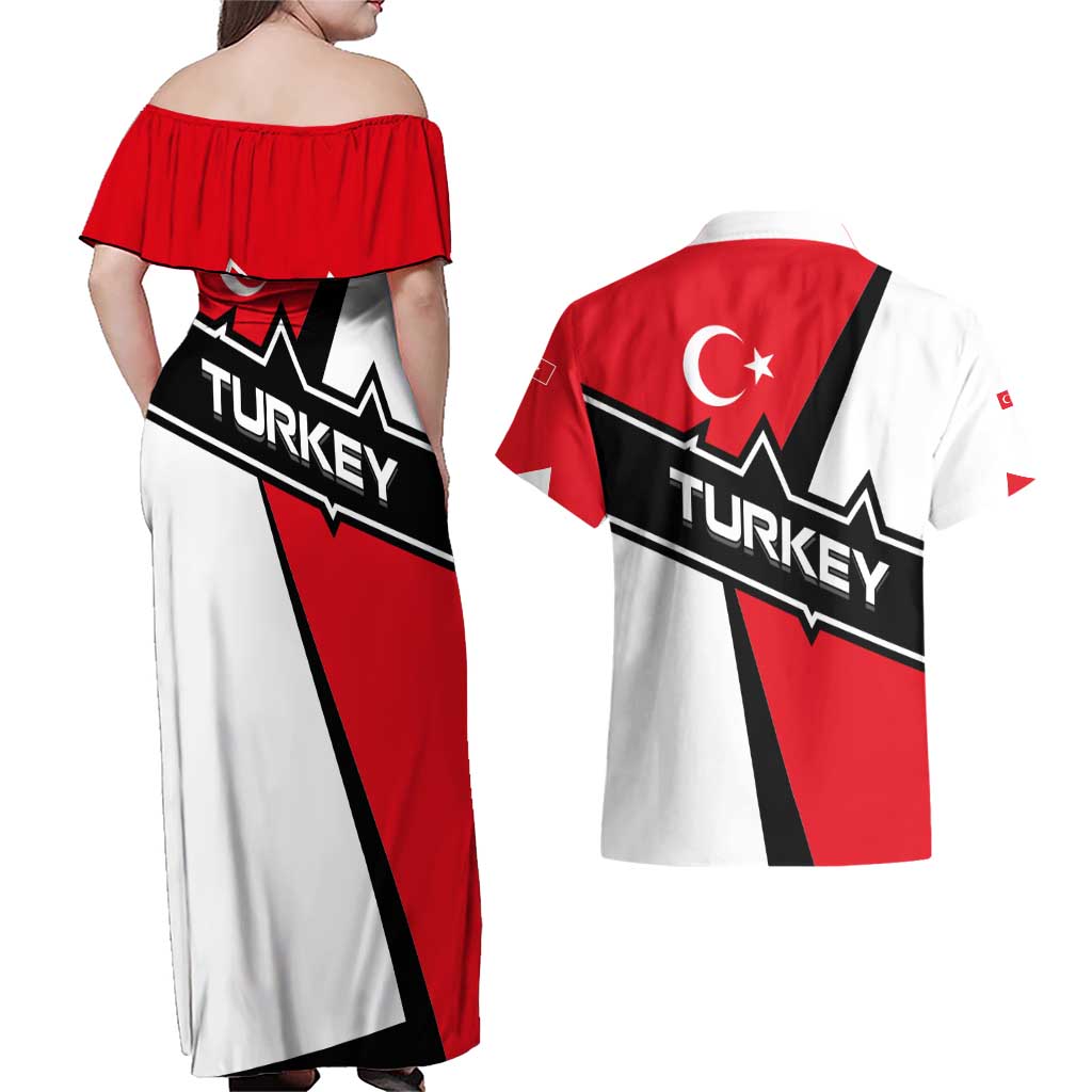 Turkey Flag and Modern Graphic Design Couples Matching Off Shoulder Maxi Dress and Hawaiian Shirt with Bold Red and Black Elements