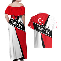 Turkey Flag and Modern Graphic Design Couples Matching Off Shoulder Maxi Dress and Hawaiian Shirt with Bold Red and Black Elements