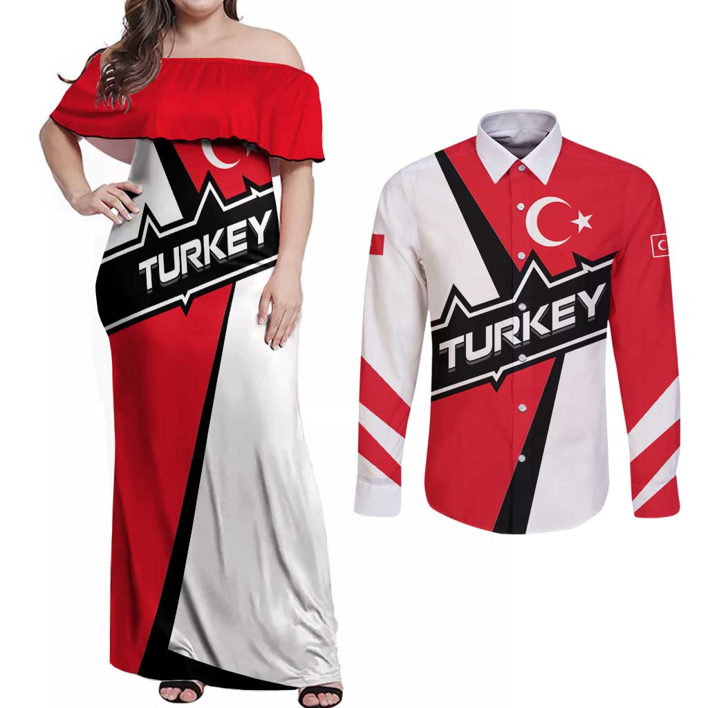 Turkey Flag and Modern Graphic Design Couples Matching Off Shoulder Maxi Dress and Long Sleeve Button Shirt with Bold Red and Black Elements