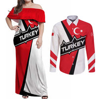 Turkey Flag and Modern Graphic Design Couples Matching Off Shoulder Maxi Dress and Long Sleeve Button Shirt with Bold Red and Black Elements