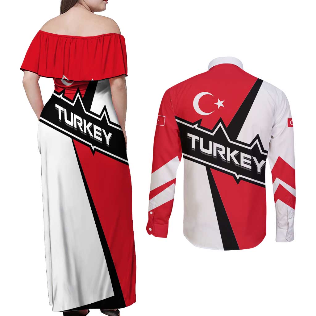 Turkey Flag and Modern Graphic Design Couples Matching Off Shoulder Maxi Dress and Long Sleeve Button Shirt with Bold Red and Black Elements