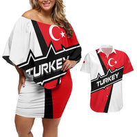 Turkey Flag and Modern Graphic Design Couples Matching Off Shoulder Short Dress and Hawaiian Shirt with Bold Red and Black Elements