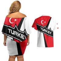 Turkey Flag and Modern Graphic Design Couples Matching Off Shoulder Short Dress and Hawaiian Shirt with Bold Red and Black Elements