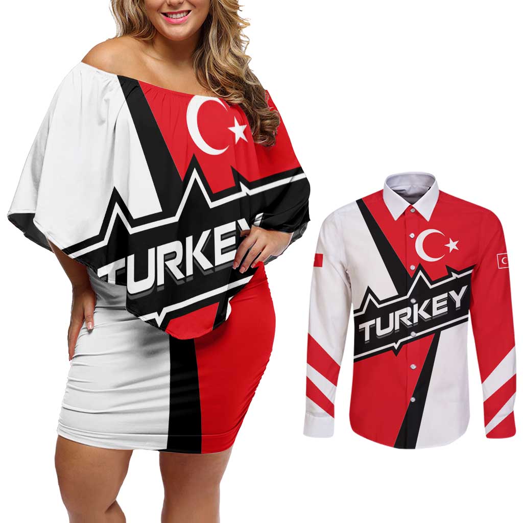 Turkey Flag and Modern Graphic Design Couples Matching Off Shoulder Short Dress and Long Sleeve Button Shirt with Bold Red and Black Elements