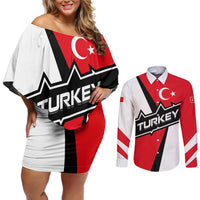 Turkey Flag and Modern Graphic Design Couples Matching Off Shoulder Short Dress and Long Sleeve Button Shirt with Bold Red and Black Elements