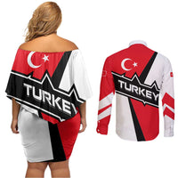 Turkey Flag and Modern Graphic Design Couples Matching Off Shoulder Short Dress and Long Sleeve Button Shirt with Bold Red and Black Elements