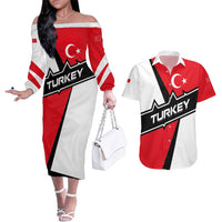 Turkey Flag and Modern Graphic Design Couples Matching Off The Shoulder Long Sleeve Dress and Hawaiian Shirt with Bold Red and Black Elements