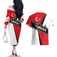 Turkey Flag and Modern Graphic Design Couples Matching Off The Shoulder Long Sleeve Dress and Hawaiian Shirt with Bold Red and Black Elements
