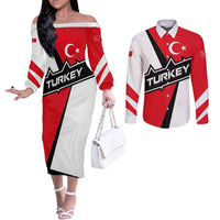 Turkey Flag and Modern Graphic Design Couples Matching Off The Shoulder Long Sleeve Dress and Long Sleeve Button Shirt with Bold Red and Black Elements