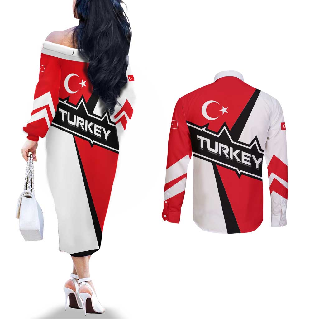 Turkey Flag and Modern Graphic Design Couples Matching Off The Shoulder Long Sleeve Dress and Long Sleeve Button Shirt with Bold Red and Black Elements