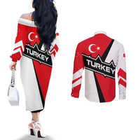 Turkey Flag and Modern Graphic Design Couples Matching Off The Shoulder Long Sleeve Dress and Long Sleeve Button Shirt with Bold Red and Black Elements
