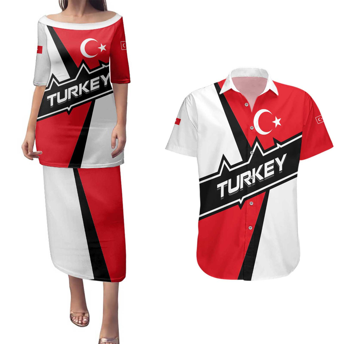 Turkey Flag and Modern Graphic Design Couples Matching Puletasi and Hawaiian Shirt with Bold Red and Black Elements