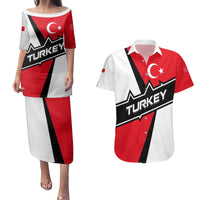Turkey Flag and Modern Graphic Design Couples Matching Puletasi and Hawaiian Shirt with Bold Red and Black Elements