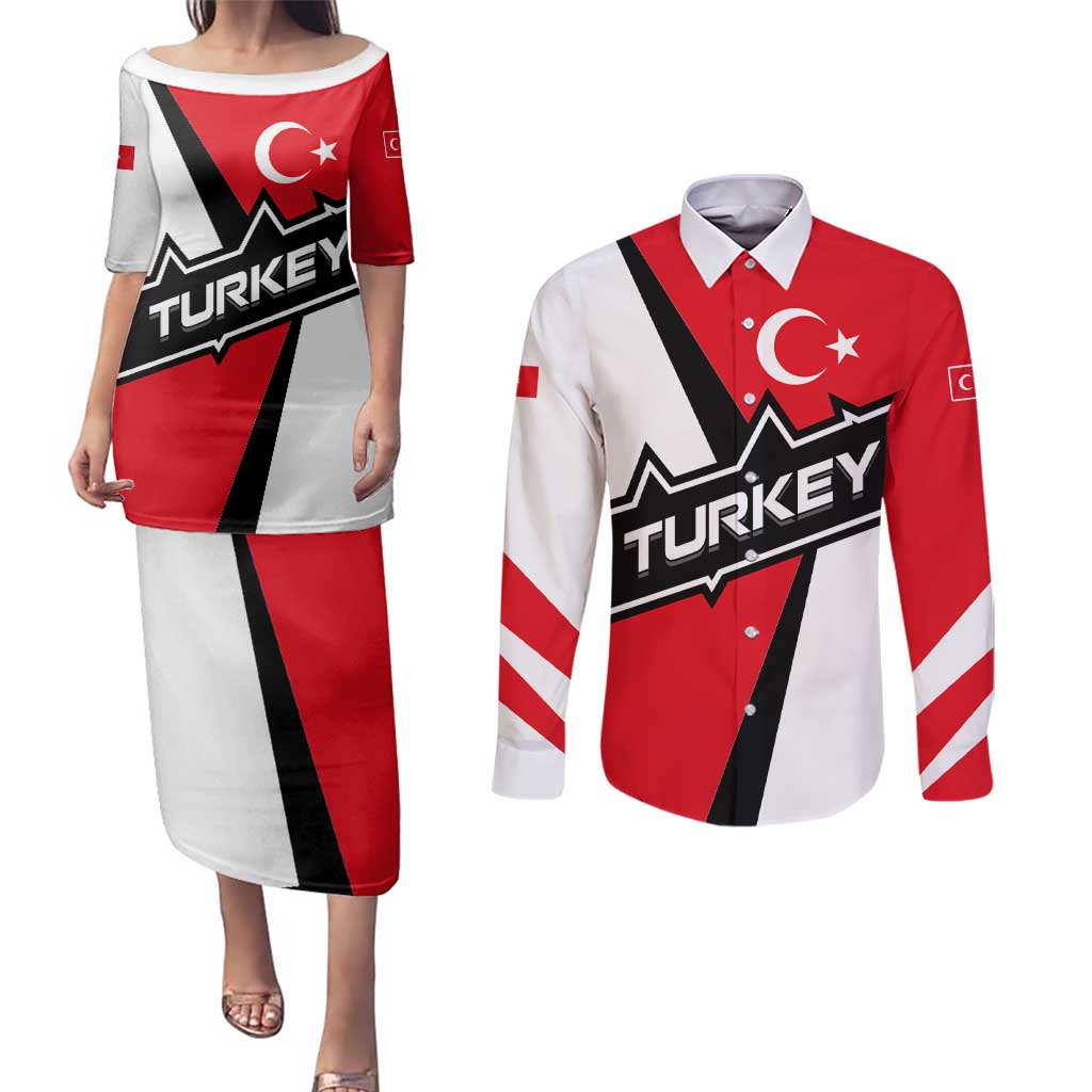 Turkey Flag and Modern Graphic Design Couples Matching Puletasi and Long Sleeve Button Shirt with Bold Red and Black Elements