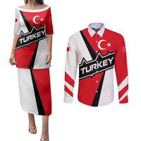 Turkey Flag and Modern Graphic Design Couples Matching Puletasi and Long Sleeve Button Shirt with Bold Red and Black Elements