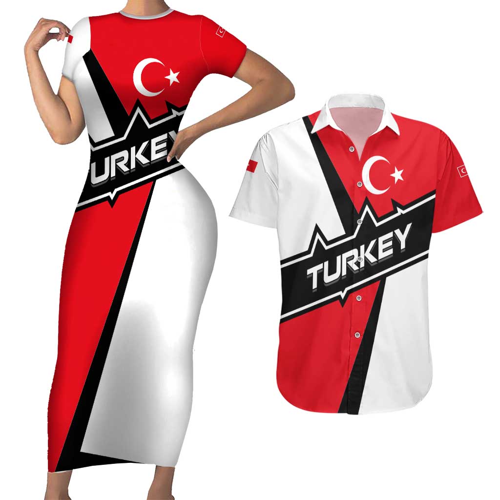 Turkey Flag and Modern Graphic Design Couples Matching Short Sleeve Bodycon Dress and Hawaiian Shirt with Bold Red and Black Elements